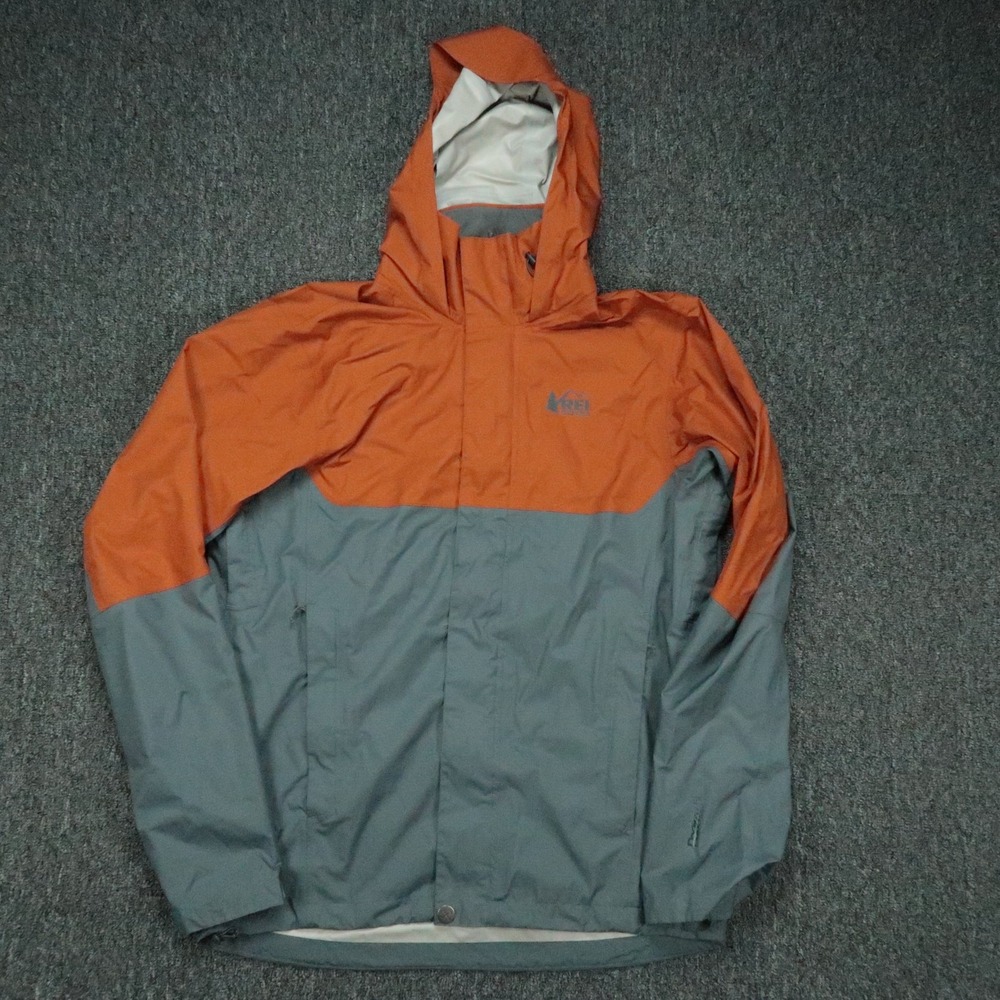 REI Jacket Mens Small Orange Gray Rainier Peak 2.5L Hooded Colorblock Hiking